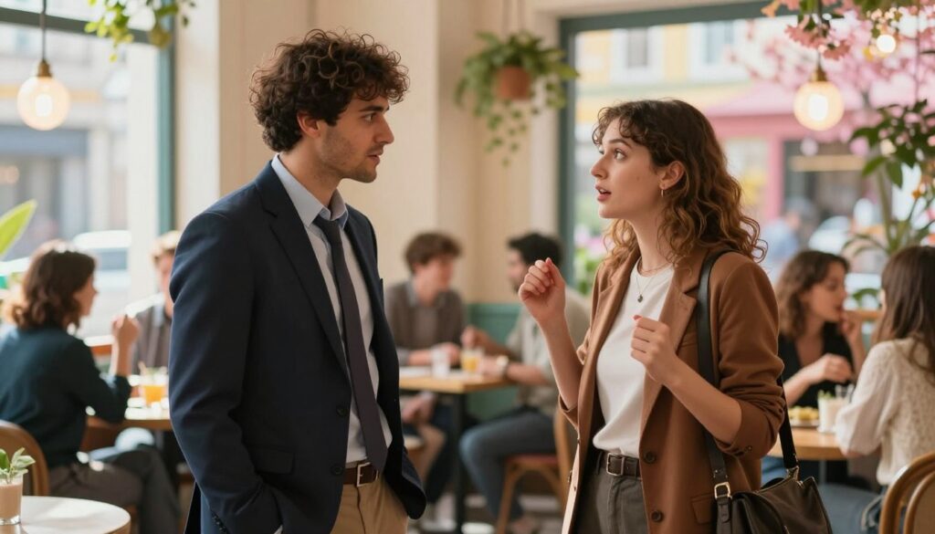 A vibrant scene capturing the dynamic first meeting between a fiery Aries and a curious Gemini. In the foreground, two individuals stand facing each other, their expressions animated and full of energy. The Aries, in professional business attire, exudes confidence, while the Gemini, dressed in a stylish yet modest outfit, looks intrigued and spontaneous. In the middle, a lively café setting with colorful decor and soft lighting creates an inviting atmosphere. Around them, blurred silhouettes of other patrons, engaged in conversation, add to the bustling ambiance. The background features bright spring colors, suggesting warmth and vibrancy, with sunlight filtering through large windows. The overall mood is exciting and chaotic, reflecting the initial spark of connection and the potential for unpredictability in their relationship.