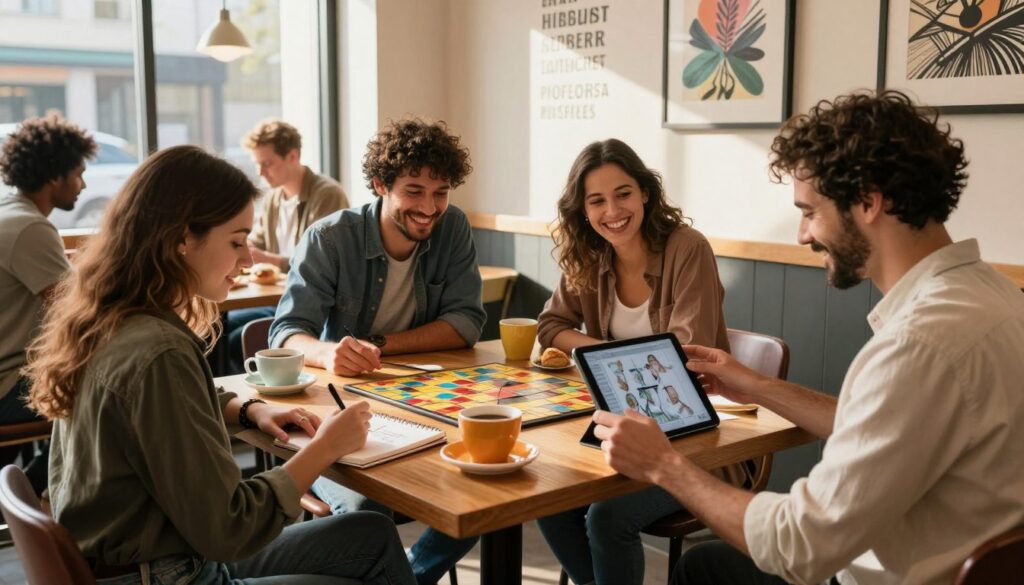 A vibrant scene depicting a cozy coffee shop, with a diverse group of people engaging in creative activities to break their routines. In the foreground, a woman in smart casual attire sketches in a notebook while a man nearby enthusiastically shows her his digital artwork on a tablet. In the middle, a couple shares laughter over a board game, surrounded by colorful cups and pastries. In the background, large windows let in warm sunlight, illuminating a wall adorned with inspiring quotes and art. The atmosphere is relaxed and inviting, conveying a sense of creativity and connection. Soft shadows enhance the cozy vibe, suggesting an intimate moment of breaking free from everyday monotony.