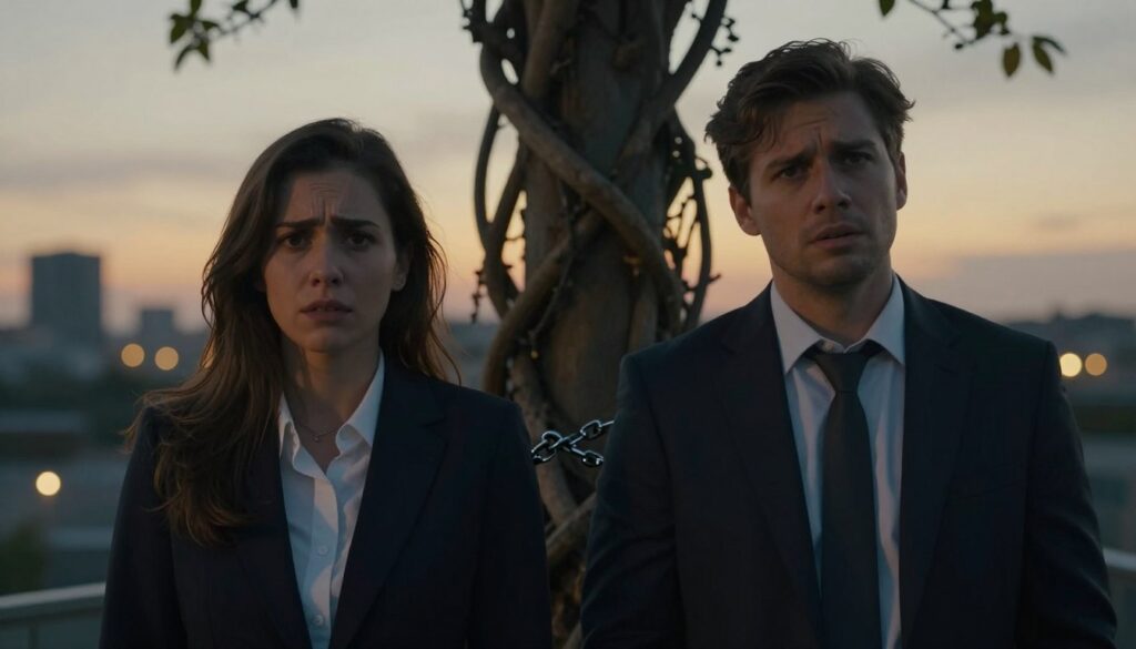 A visual representation of emotional dependency in relationships, capturing the essence of anxious attachment. In the foreground, two figures in professional business attire, a man and a woman, are standing close together, their expressions conveying a mix of anxiety and longing for connection. In the middle ground, a series of intertwined vines or chains symbolize the complex emotional ties binding them together, illustrating the push and pull of their relationship dynamics. The background features a softly blurred cityscape at dusk, with warm golden lights creating a contrast to the figures' conflicted emotions. The lighting is dramatic yet soft, casting subtle shadows that enhance the mood of tension and intimacy. The overall atmosphere evokes a sense of yearning and depth, inviting the viewer to reflect on the emotional mechanisms at play. A visual representation of emotional dependency in relationships, capturing the essence of anxious attachment. In the foreground, two figures in professional business attire, a man and a woman, are standing close together, their expressions conveying a mix of anxiety and longing for connection. In the middle ground, a series of intertwined vines or chains symbolize the complex emotional ties binding them together, illustrating the push and pull of their relationship dynamics. The background features a softly blurred cityscape at dusk, with warm golden lights creating a contrast to the figures' conflicted emotions. The lighting is dramatic yet soft, casting subtle shadows that enhance the mood of tension and intimacy. The overall atmosphere evokes a sense of yearning and depth, inviting the viewer to reflect on the emotional mechanisms at play.