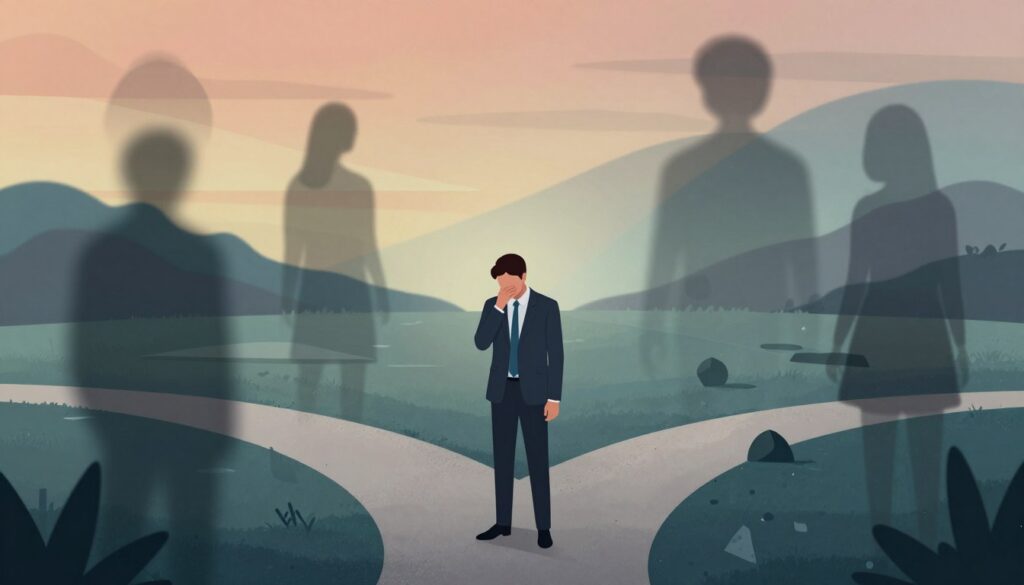 A visually compelling illustration representing the intricate mechanisms of borderline behavior. In the foreground, a figure in professional business attire, reflective and contemplative, stands at a crossroads, embodying emotional intensity. Surrounding them, abstract forms symbolize emotional turmoil and patterns of behavior, such as fluctuating shadows and shifting geometrical shapes that evoke instability. In the middle ground, a serene landscape contrasting with chaotic elements depicts the struggle for balance and boundaries. The background features a gradient of warm and cool tones, suggesting complex emotions and inner conflict. Soft, diffused lighting enhances the depth, while a slight lens blur adds a sense of introspection. Overall, the mood is tense yet reflective, illustrating the nuances of emotional experiences related to borderline behavior.