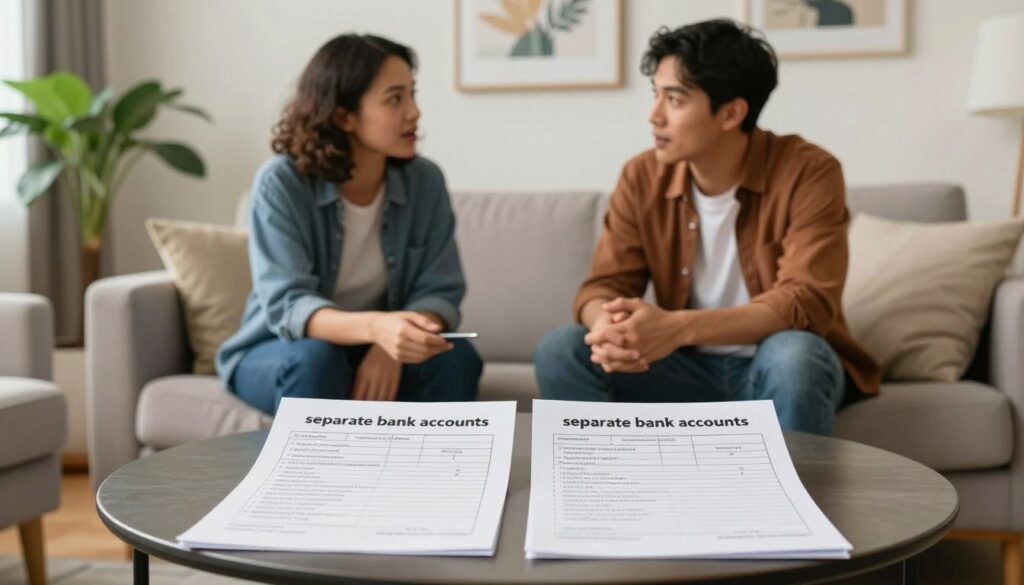 A visually engaging scene depicting the concept of "separate bank accounts" in a non-formal relationship. In the foreground, a modern, stylish coffee table featuring two distinct, labeled bank statements side by side, each representing individual financial independence. In the middle ground, a casual yet intelligent couple, dressed in smart casual attire, engaged in a thoughtful discussion, their expressions conveying understanding and openness. The background displays a cozy, well-lit living room with soft, warm lighting that creates an inviting atmosphere. A lush green plant and tasteful artwork enhance the comfort of the space. The overall mood should reflect a sense of collaboration and empowerment in managing finances without conflict, capturing the essence of financial discussions in a non-formal relationship. A visually engaging scene depicting the concept of "separate bank accounts" in a non-formal relationship. In the foreground, a modern, stylish coffee table featuring two distinct, labeled bank statements side by side, each representing individual financial independence. In the middle ground, a casual yet intelligent couple, dressed in smart casual attire, engaged in a thoughtful discussion, their expressions conveying understanding and openness. The background displays a cozy, well-lit living room with soft, warm lighting that creates an inviting atmosphere. A lush green plant and tasteful artwork enhance the comfort of the space. The overall mood should reflect a sense of collaboration and empowerment in managing finances without conflict, capturing the essence of financial discussions in a non-formal relationship.