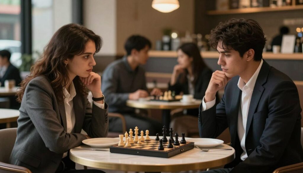 A visually engaging scene illustrating the concept of "dating traps and myths." In the foreground, a small round table set for two with light, elegant dinnerware. On the table, a chessboard signifies strategy, with a few pieces deliberately placed to imply a tactical mindset in dating. In the middle ground, two individuals sit across from each other, dressed in professional business attire, appearing engaged yet uncertain, hinting at the complexities of modern relationships. The background features a softly lit café setting, with warm lighting and soft-focus elements like blurred patrons enjoying their conversations, adding a social context. The overall atmosphere should evoke a sense of intrigue and contemplation about the difficulties and misconceptions surrounding dating, with a slight moody undertone contrasting the cozy café ambiance.