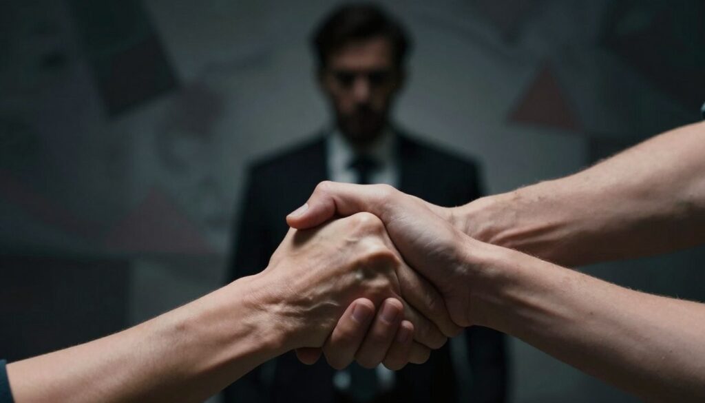 A visually striking image representing the concept of manipulation and control within relationships. In the foreground, a pair of hands, one grasping tightly and the other attempting to break free, symbolize the struggle for autonomy. In the middle ground, a shadowy figure looms, embodying the manipulator, with an inscrutable expression, dressed in professional business attire. The background features abstract geometric shapes and dark swirling colors that evoke feelings of confusion and entrapment. Soft, dramatic lighting creates a stark contrast between light and shadow, enhancing the mood of tension and unease. The lens should focus closely on the hands while allowing the shadowy figure and background to be slightly blurred, emphasizing the central theme of power dynamics in relationships.