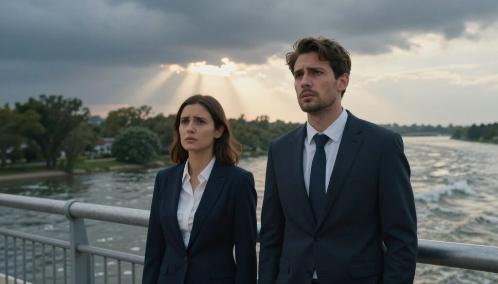 A visually striking portrayal of a couple standing on a bridge symbolizing a toxic relationship. In the foreground, the couple is depicted in professional business attire, with expressions of concern and determination on their faces, indicating a willingness to engage in dialogue. In the middle ground, the bridge spans over turbulent water representing the emotional chaos of a toxic relationship, with dark clouds looming above that slowly part to allow shafts of light to break through, symbolizing hope. The background features distant trees, slightly blurred, with rays of sunlight creating a warm glow, enhancing the atmosphere of potential renewal. The lighting should be moody yet optimistic, utilizing soft contrasts to evoke a sense of introspection and possibility, framed from a slightly elevated angle to emphasize both the couple’s resolve and the surrounding turbulence. A visually striking portrayal of a couple standing on a bridge symbolizing a toxic relationship. In the foreground, the couple is depicted in professional business attire, with expressions of concern and determination on their faces, indicating a willingness to engage in dialogue. In the middle ground, the bridge spans over turbulent water representing the emotional chaos of a toxic relationship, with dark clouds looming above that slowly part to allow shafts of light to break through, symbolizing hope. The background features distant trees, slightly blurred, with rays of sunlight creating a warm glow, enhancing the atmosphere of potential renewal. The lighting should be moody yet optimistic, utilizing soft contrasts to evoke a sense of introspection and possibility, framed from a slightly elevated angle to emphasize both the couple’s resolve and the surrounding turbulence.