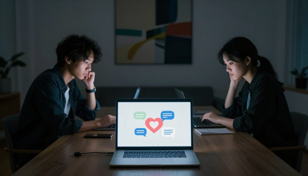 A visually striking representation of "dystans w sieci," capturing the complexities of online relationships. In the foreground, a laptop screen glows softly with a heart icon and digital chat bubbles, symbolizing virtual connection. In the middle ground, two silhouettes of individuals sit at opposite ends of a large table, each focused on their devices, their expressions a mix of hope and uncertainty. The background features a dimly lit, modern room filled with abstract art, representing the emotional distance. Use soft, ambient lighting to create a contemplative mood, with a shallow depth of field to emphasize the characters. The angle should be slightly above the table, highlighting the contrast between the warmth of the device screens and the cool, distant ambiance of the room.