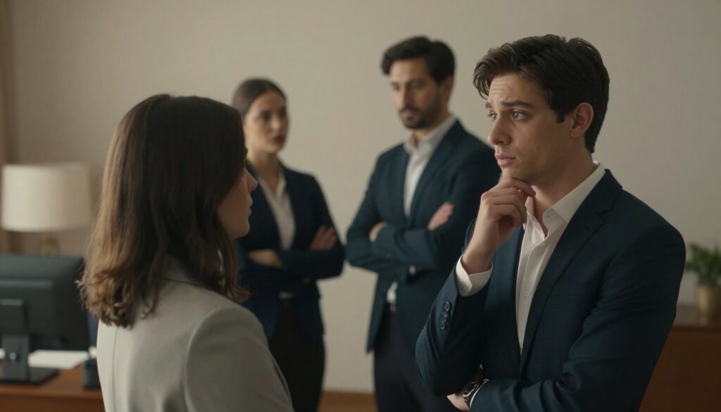A visually striking representation of the stages of relationships, symbolizing the nuances of connecting with a narcissistic individual. In the foreground, a thoughtful individual dressed in professional business attire stands, their expression a mix of curiosity and caution. In the middle, two figures interact; one exudes charm and confidence, while the other appears vulnerable, highlighting the imbalance in their dynamic. The background features soft, muted tones of an elegant office setting, suggesting intimacy and professionalism. The lighting is soft and warm, casting gentle shadows that evoke a contemplative mood. The angle is slightly elevated, providing a clear view of the interactions, creating an atmosphere of both allure and tension, reflecting the complexities of navigating such relationships.