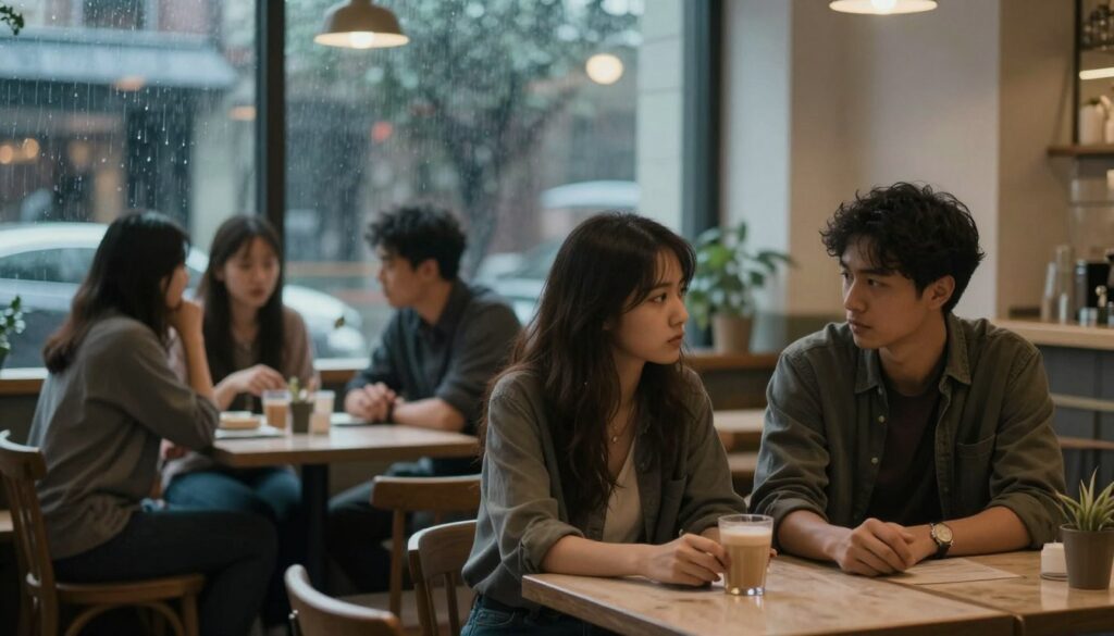 A vivid and contemplative image illustrating "warning signs in relationships." In the foreground, a couple sits at a café table, their expressions distant and contemplative, dressed in modest casual clothing. The middle layer features a blurred view of the café's warm ambiance, highlighting other couples engaged in deep conversation, while a subtle tension fills the air. In the background, large windows reveal a rainy day outside, suggesting a reflective mood as raindrops cascade down, mirroring the couple's unease. Soft, diffused lighting casts gentle shadows, creating an intimate atmosphere. The overall color palette emphasizes cool tones with hints of warmth, symbolizing the struggle between comfort and disconnect, inviting the viewer to explore the nuances of relationship dynamics.