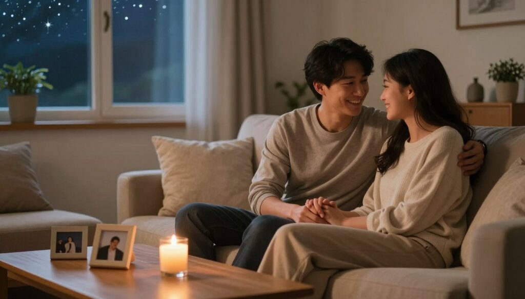 A warm and intimate scene capturing a couple in a cozy, softly-lit living room, surrounded by comfortable furniture and gentle decor. In the foreground, the couple sits close together on a plush couch, one partner gently holding the other's hand, both smiling warmly at each other, dressed in modest, casual clothing. In the middle, a flickering candle on a coffee table emanates a soft glow, and a few personal mementos, such as framed photos, enhance the feeling of connection. In the background, a window reveals a serene night sky, dotted with stars, adding a touch of calm and tranquility. The overall mood is peaceful and nurturing, reflecting emotional closeness and a deep sense of intimacy.