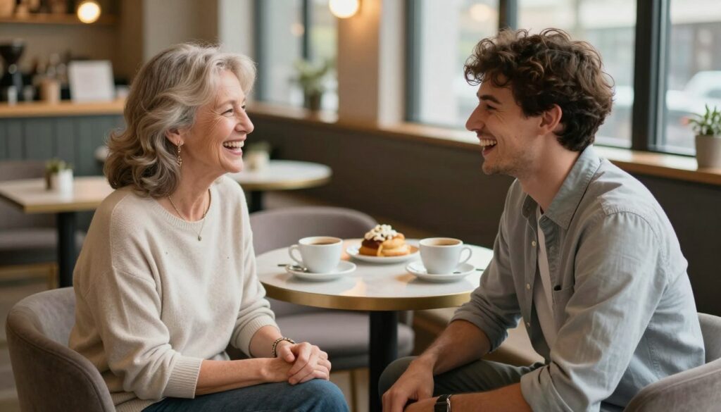 A warm and intimate scene depicting a younger man and an older woman sitting together in a cozy café setting, engaged in a lively conversation. The foreground features the couple, both dressed in stylish, modest casual clothing, she in a light sweater and he in a button-up shirt. Their expressions show genuine connection and joy as they share a laugh, breaking societal stereotypes. The middle ground includes a small table adorned with coffee cups and pastries, adding to the ambiance. In the background, soft lighting filters through large windows, creating a welcoming atmosphere. The overall mood is uplifting, emphasizing love and mutual respect in the face of societal opinions. The angle captures them from slightly above, highlighting their chemistry and the café's inviting environment.