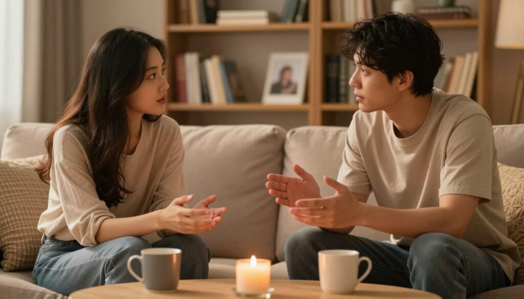A warm and intimate setting illustrating the theme of communication about sex, featuring two individuals engaged in a thoughtful conversation. In the foreground, a couple sits close together on a comfortable couch, dressed in modest casual clothing, facing each other with attentive expressions. Their body language suggests openness and connection, with hand gestures emphasizing the importance of dialogue. In the middle, a soft, inviting coffee table holds a candle and two mugs, enhancing a cozy atmosphere. The background features softly blurred bookshelves filled with relationship literature, creating a sense of depth and context. The lighting is warm and gentle, casting a soft glow that conveys comfort and safety, inviting viewers to reflect on the role of communication in deepening emotional bonds.