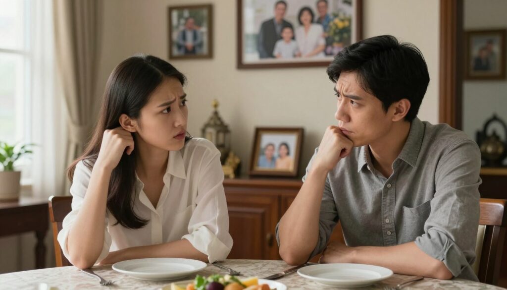 A warm and inviting domestic scene depicting a couple sitting at a dining table, immersed in a small disagreement. The foreground shows the couple, both wearing casual but neat clothing, with expressions of concern and annoyance that reflect the tension in their relationship. In the middle ground, a beautifully decorated home showcases family pictures on the walls, symbolizing their backgrounds. Soft lighting from a nearby window casts a gentle glow, adding to the emotional depth of the scene. The background includes hints of family artifacts, such as heirloom items or cultural elements, subtly suggesting the impact of their upbringing on their current relationship. The overall mood is reflective, emphasizing the weight of familial influences on personal connections. A warm and inviting domestic scene depicting a couple sitting at a dining table, immersed in a small disagreement. The foreground shows the couple, both wearing casual but neat clothing, with expressions of concern and annoyance that reflect the tension in their relationship. In the middle ground, a beautifully decorated home showcases family pictures on the walls, symbolizing their backgrounds. Soft lighting from a nearby window casts a gentle glow, adding to the emotional depth of the scene. The background includes hints of family artifacts, such as heirloom items or cultural elements, subtly suggesting the impact of their upbringing on their current relationship. The overall mood is reflective, emphasizing the weight of familial influences on personal connections.