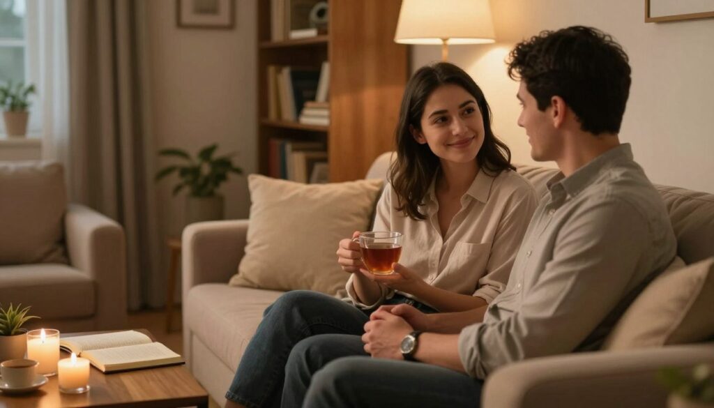 A warm and inviting indoor scene depicting a couple engaged in intimate, meaningful conversation. In the foreground, the couple sits closely on a plush sofa, their body language showing trust and emotional connection, with gentle smiles and soft eye contact. The woman, dressed in a modest, casual shirt, holds a cup of tea, while the man wears comfortable yet professional attire. In the middle ground, a coffee table scattered with personal items like a journal and candles adds a cozy touch. The background features soft, ambient lighting, with warm tones illuminating the room, and a bookshelf filled with shared memories. The atmosphere conveys intimacy, understanding, and the importance of everyday moments in building a strong relationship. A warm and inviting indoor scene depicting a couple engaged in intimate, meaningful conversation. In the foreground, the couple sits closely on a plush sofa, their body language showing trust and emotional connection, with gentle smiles and soft eye contact. The woman, dressed in a modest, casual shirt, holds a cup of tea, while the man wears comfortable yet professional attire. In the middle ground, a coffee table scattered with personal items like a journal and candles adds a cozy touch. The background features soft, ambient lighting, with warm tones illuminating the room, and a bookshelf filled with shared memories. The atmosphere conveys intimacy, understanding, and the importance of everyday moments in building a strong relationship.