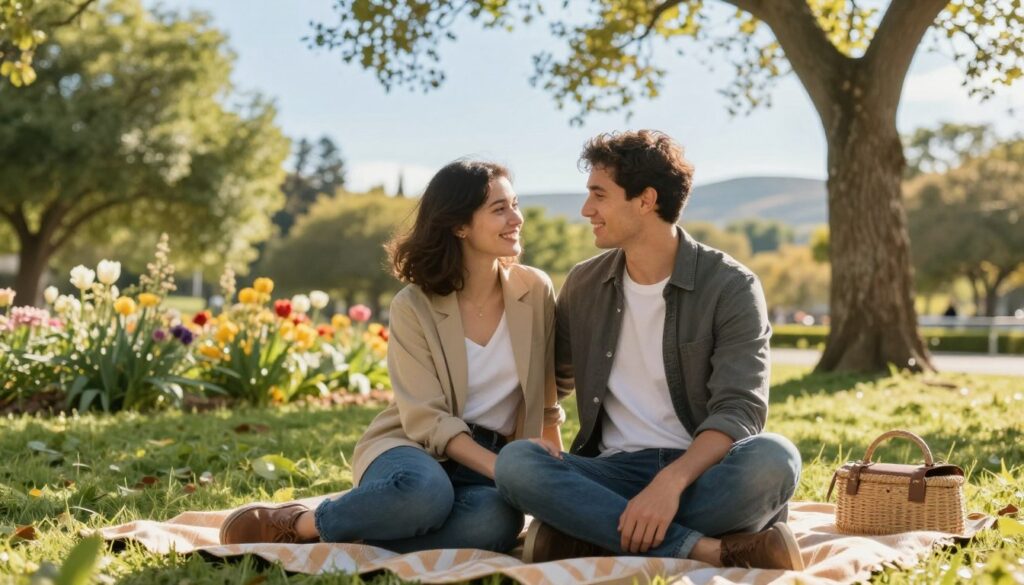 A warm and inviting scene depicting a couple in a serene park setting, embodying the essence of positive expectations in their relationship. The foreground features the couple sitting closely on a cozy picnic blanket, sharing a heartfelt moment, with gentle smiles and joyous expressions. The middle ground showcases lush greenery and blooming flowers, symbolizing growth and connection. Sunlight filters through the trees, casting a soft golden hue over the scene, enhancing the atmosphere of warmth and optimism. In the background, a clear blue sky and distant hills create a peaceful ambiance. The couple is dressed in smart casual attire, reflecting a relaxed yet professional look. The composition emphasizes love, support, and mutual encouragement, beautifully illustrating how positive expectations foster a strong bond.