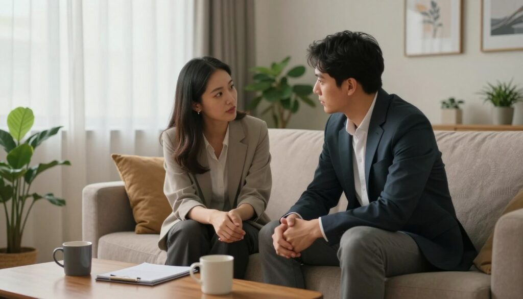 A warm and inviting scene depicting two individuals engaged in a heartfelt conversation in a cozy living room setting. In the foreground, a man and woman, dressed in professional business attire, sit on a comfortable sofa, leaning towards each other with expressions of understanding and empathy. The middle ground features a small coffee table with two mugs and a notepad, hinting at collaboration and communication. In the background, soft lighting filters through sheer curtains, creating a serene atmosphere that enhances the feeling of acceptance and harmony. The room is filled with plants and artwork on the walls, contributing to a sense of balance and support, reflecting the theme of embracing different needs in a partnership. A warm and inviting scene depicting two individuals engaged in a heartfelt conversation in a cozy living room setting. In the foreground, a man and woman, dressed in professional business attire, sit on a comfortable sofa, leaning towards each other with expressions of understanding and empathy. The middle ground features a small coffee table with two mugs and a notepad, hinting at collaboration and communication. In the background, soft lighting filters through sheer curtains, creating a serene atmosphere that enhances the feeling of acceptance and harmony. The room is filled with plants and artwork on the walls, contributing to a sense of balance and support, reflecting the theme of embracing different needs in a partnership.