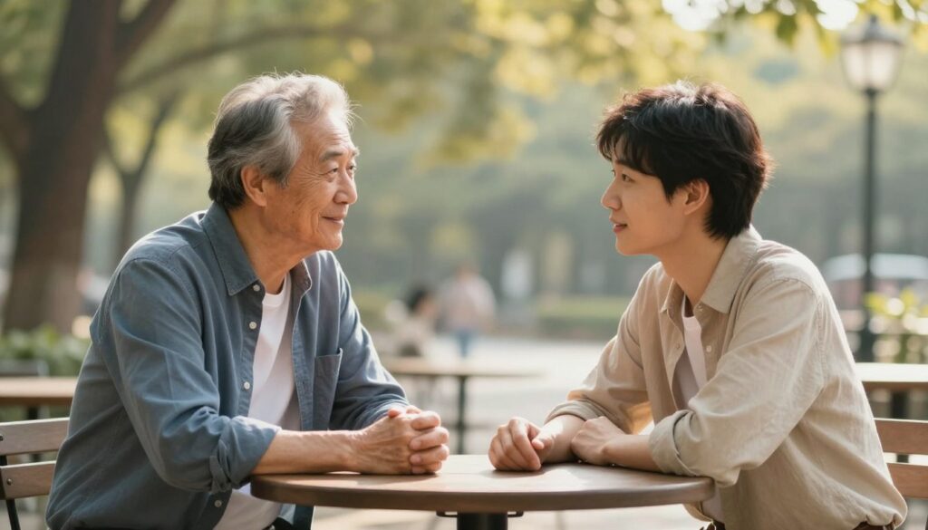 A warm, intimate scene depicting a couple with a significant age difference, seated comfortably at a small outdoor café table. In the foreground, the older partner, dressed in smart casual clothing, leans in with a gentle smile, actively listening to the younger partner, who appears engaged and animated. The middle ground features their hands casually resting on the table, symbolizing connection and understanding. The background showcases a softly blurred park setting with trees, suggesting a serene atmosphere. The scene is illuminated by soft, diffused sunlight filtering through the leaves, creating a warm, inviting ambiance. The overall mood conveys warmth, connection, and a harmonious relationship, playing into the theme of age difference in partnerships.