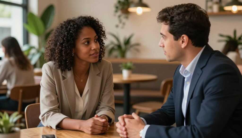 A warm, inviting scene depicting two diverse professionals engaged in a heartfelt conversation, embodying empathy and understanding. In the foreground, a Black woman in smart casual attire leans forward, her expression open and compassionate, while a Hispanic man in a business suit listens intently, exuding support. In the middle ground, a cozy coffee shop setting with soft, ambient lighting creates an intimate atmosphere, filled with wooden furniture and lush green plants. The background features gentle, blurred outlines of other patrons, enhancing a sense of community. The overall mood is serene and connected, with warm tones and soft shadows, evoking a sense of trust and deep emotional bonding. This image should inspire feelings of empathy and connection.