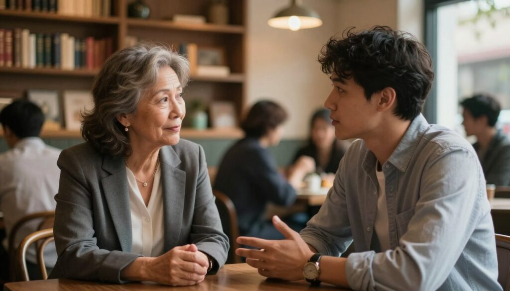 A warm, inviting scene depicting two individuals of different ages engaged in a meaningful conversation in a cozy café setting. In the foreground, a middle-aged woman in professional attire, exuding confidence and wisdom, leans slightly forward while attentively listening to a younger man dressed in smart casual wear, who is animatedly expressing his thoughts. Their body language suggests a deep connection and understanding, reflecting the complex dynamics of age differences in relationships. In the middle ground, soft, ambient lighting casts gentle shadows from the café's vintage decor, including bookshelves filled with literature, symbolizing knowledge and experience. In the background, blurred silhouettes of other patrons engage in quiet conversations, enhancing the intimate atmosphere. The overall mood is warm and contemplative, with a focus on connection and dialogue. A warm, inviting scene depicting two individuals of different ages engaged in a meaningful conversation in a cozy café setting. In the foreground, a middle-aged woman in professional attire, exuding confidence and wisdom, leans slightly forward while attentively listening to a younger man dressed in smart casual wear, who is animatedly expressing his thoughts. Their body language suggests a deep connection and understanding, reflecting the complex dynamics of age differences in relationships. In the middle ground, soft, ambient lighting casts gentle shadows from the café's vintage decor, including bookshelves filled with literature, symbolizing knowledge and experience. In the background, blurred silhouettes of other patrons engage in quiet conversations, enhancing the intimate atmosphere. The overall mood is warm and contemplative, with a focus on connection and dialogue.