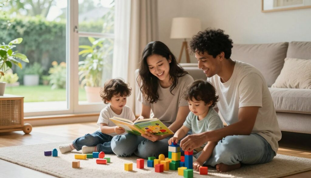 A warm, inviting scene in a sunlit living room illustrating the concept of shared childcare in a partnership. In the foreground, a diverse couple, both dressed in modest casual clothing, is joyfully engaging with their two young children; one parent reading a story while the other plays with building blocks. The middle ground features a cozy, well-kept home with colorful toys scattered around, symbolizing a nurturing environment. In the background, a window reveals a lush garden bathed in soft, natural light, enhancing the atmosphere of harmony and equality. The overall mood should convey love, collaboration, and a supportive family dynamic, capturing the essence of equal partnership in childcare. A warm, inviting scene in a sunlit living room illustrating the concept of shared childcare in a partnership. In the foreground, a diverse couple, both dressed in modest casual clothing, is joyfully engaging with their two young children; one parent reading a story while the other plays with building blocks. The middle ground features a cozy, well-kept home with colorful toys scattered around, symbolizing a nurturing environment. In the background, a window reveals a lush garden bathed in soft, natural light, enhancing the atmosphere of harmony and equality. The overall mood should convey love, collaboration, and a supportive family dynamic, capturing the essence of equal partnership in childcare.