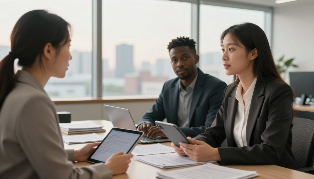 A warm, inviting scene showcasing two diverse individuals engaged in a thoughtful conversation at a modern office setting. In the foreground, one person, a woman of Asian descent, is dressed in professional business attire, holding a tablet, while the other, a man of African descent, is seated, attentively listening, wearing smart casual clothing. The middle ground features a desk cluttered with documents and a laptop, symbolizing legislative discussions. In the background, large windows reveal a cityscape bathed in soft afternoon light, creating a hopeful atmosphere. The overall mood conveys collaboration and progressive thinking, reflecting the essence of a partnership based on equality and mutual respect. The composition is shot with a shallow depth of field, focusing on the individuals while softly blurring out the surroundings.