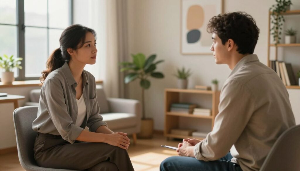 A warm, inviting therapy office setting as the foreground, featuring two individuals sitting across from each other. They are engaged in a calm and open conversation, reflecting a sense of trust and understanding. One person, a woman in modest professional attire, leans slightly forward, showing attentiveness, while the other, a man in casual yet professional clothes, listens intently with a supportive demeanor. In the middle ground, a soft light filters through a window, casting gentle shadows and creating a sense of comfort. The background includes soothing decor—plants, bookshelves, and abstract art—imbuing the space with a warm and caring atmosphere. The overall mood conveys healing and hope, ideal for illustrating the theme of rebuilding trust post-therapy. A warm, inviting therapy office setting as the foreground, featuring two individuals sitting across from each other. They are engaged in a calm and open conversation, reflecting a sense of trust and understanding. One person, a woman in modest professional attire, leans slightly forward, showing attentiveness, while the other, a man in casual yet professional clothes, listens intently with a supportive demeanor. In the middle ground, a soft light filters through a window, casting gentle shadows and creating a sense of comfort. The background includes soothing decor—plants, bookshelves, and abstract art—imbuing the space with a warm and caring atmosphere. The overall mood conveys healing and hope, ideal for illustrating the theme of rebuilding trust post-therapy.