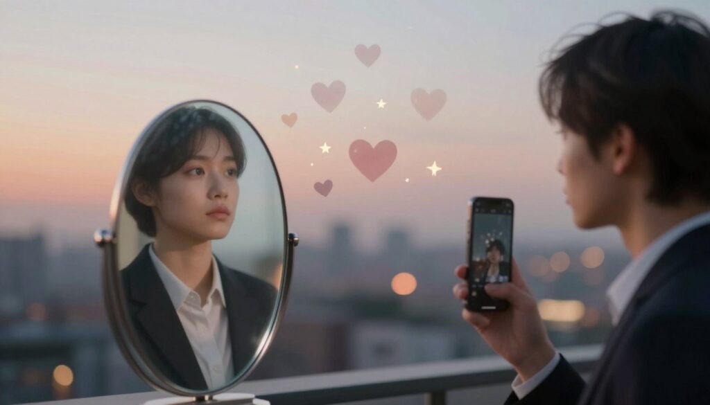 A whimsical yet thoughtful scene depicting the concept of "idealization traps" in relationships. In the foreground, an abstract representation of a person gazing at a distorted mirror, symbolizing unrealistic partner expectations, dressed in professional attire. In the middle, various floating hearts and stars blend into a soft, dream-like haze, representing fantasies and illusions. The background features a blurred cityscape at dusk, with warm, soft lighting illuminating the scene, casting gentle shadows. The atmosphere is reflective and introspective, inviting viewers to ponder the complexities of love and the danger of idealizing partners. Use a shallow depth of field to focus on the person and mirror while softly fading the background.