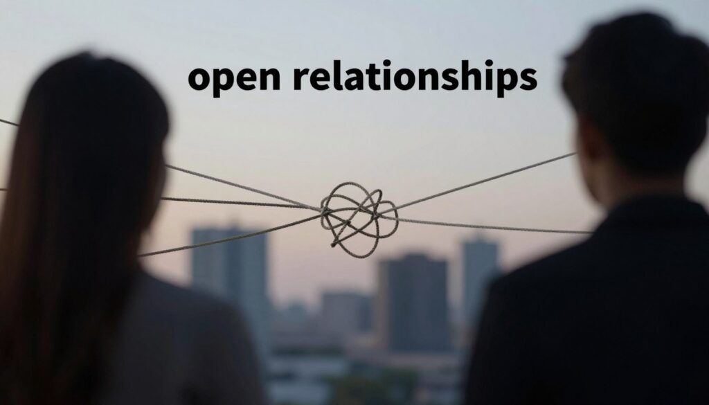 An abstract representation of the concept of "open relationships," focusing on the themes of challenges and risks. In the foreground, include silhouettes of two individuals facing away from each other, exuding a sense of distance yet connection. The middle ground should feature a symbolic visual of a tangled rope, representing the complexities and interconnections of emotions. In the background, softly blurred elements of an urban landscape can evoke a modern context, with gentle lighting that suggests dusk or dawn, symbolizing a transition or uncertainty. The overall mood should be introspective and contemplative, captured with a shallow depth of field to emphasize the foreground subjects and create a sense of focus on their emotional state, while ensuring the atmosphere remains professional and respectful.