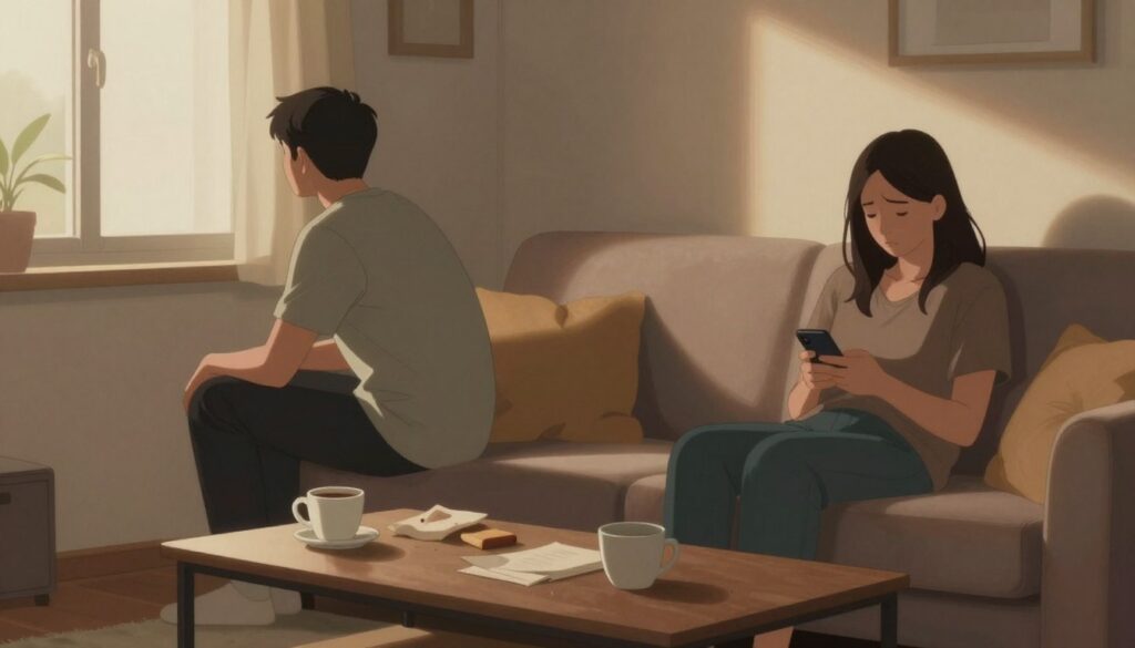 An illustration depicting the emotional distance in a relationship, showcasing a couple sitting on a couch in a warmly lit living room, both in modest casual attire. The foreground features the couple facing away from each other, highlighting their physical separation, with a slight gap between them. One person is looking out a window, while the other is gazing down at their phone, conveying feelings of loneliness. In the middle ground, a coffee table is cluttered with untouched cups, symbolizing unshared moments. The background features soft lighting from a window, casting gentle shadows, creating a reflective and melancholic atmosphere. The overall mood is somber yet introspective, emphasizing the theme of emotional disconnection. An illustration depicting the emotional distance in a relationship, showcasing a couple sitting on a couch in a warmly lit living room, both in modest casual attire. The foreground features the couple facing away from each other, highlighting their physical separation, with a slight gap between them. One person is looking out a window, while the other is gazing down at their phone, conveying feelings of loneliness. In the middle ground, a coffee table is cluttered with untouched cups, symbolizing unshared moments. The background features soft lighting from a window, casting gentle shadows, creating a reflective and melancholic atmosphere. The overall mood is somber yet introspective, emphasizing the theme of emotional disconnection.