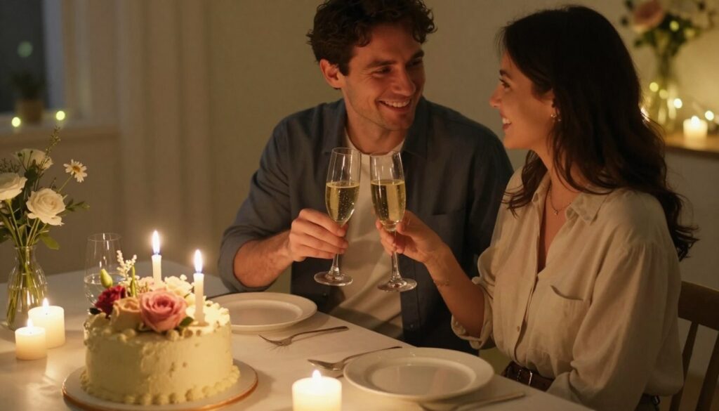 Create a heartwarming scene of a couple celebrating their first anniversary in a cozy setting. In the foreground, depict a beautifully arranged table with a small, elegant cake adorned with fresh flowers and candles. Include two glasses of sparkling champagne, reflecting soft candlelight. In the middle, showcase the couple, a man and a woman, dressed in smart casual attire, smiling at each other warmly, sharing a toast. They should appear joyful and connected, conveying a sense of love and celebration. In the background, softly blurred fairy lights twinkle gently, enhancing the romantic atmosphere. Use warm, inviting lighting to create a nostalgic mood, reminiscent of treasured memories, captured from a slightly elevated angle to provide depth to the scene.