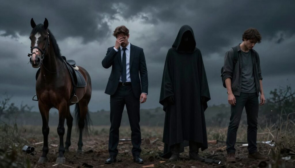 Four horsemen of the apocalypse depicted as symbolic figures representing communication breakdown in relationships. In the foreground, a somber horseman dressed in dark attire holding a broken communication device, symbolizing discord. The second horseman, wearing business attire, appears distressed, showcasing a lack of connection. The third figure, cloaked in shadows, embodies misunderstanding, with a stormy expression. The final horseman, dressed casually but with a troubled demeanor, shows isolation. The background features a dark, overcast sky, with subtle hints of chaos and confusion subtly illustrated, representing turmoil. Dim, dramatic lighting casts long shadows, enhancing the tense atmosphere. The scene should evoke feelings of despair and urgency in a safe, professional context. Four horsemen of the apocalypse depicted as symbolic figures representing communication breakdown in relationships. In the foreground, a somber horseman dressed in dark attire holding a broken communication device, symbolizing discord. The second horseman, wearing business attire, appears distressed, showcasing a lack of connection. The third figure, cloaked in shadows, embodies misunderstanding, with a stormy expression. The final horseman, dressed casually but with a troubled demeanor, shows isolation. The background features a dark, overcast sky, with subtle hints of chaos and confusion subtly illustrated, representing turmoil. Dim, dramatic lighting casts long shadows, enhancing the tense atmosphere. The scene should evoke feelings of despair and urgency in a safe, professional context.