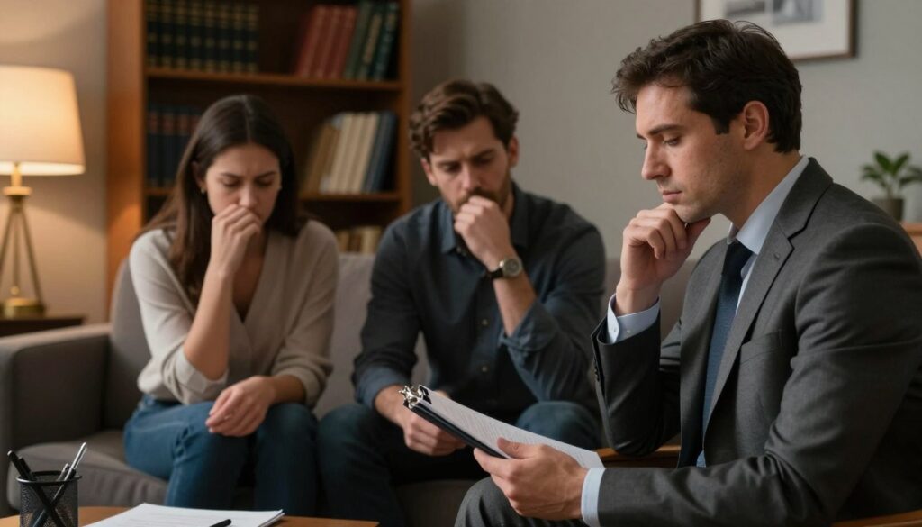 In a dimly lit consulting room, a male therapist in a tailored suit sits across from a couple displaying subtle signs of tension. The foreground focuses on the therapist, who has a contemplative expression, flipping through a notepad. In the middle, the couple appear anxious; the woman fidgets with her hands, while the man avoids eye contact, conveying unease and uncertainty. The background features a bookshelf filled with psychology books, and a soft lamp casts warm light, creating an intimate atmosphere. The overall mood suggests a serious but hopeful evaluation of trust and honesty within relationships, emphasizing the role of specialists in uncovering the truth behind partners' actions.