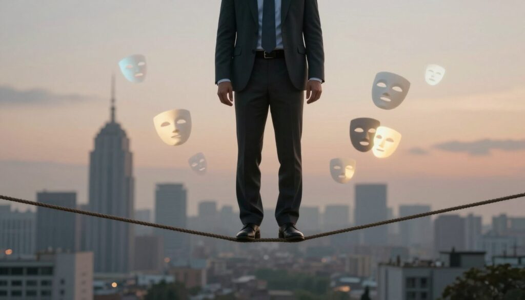 In a surreal landscape, portray a partially obscured figure at the forefront, dressed in professional business attire, symbolizing the struggle against idealized perceptions of trust. The figure stands on a tightrope, representing the delicate balance of relationships. Surround this figure with ethereal, glowing symbols of social pressure—a cascade of overlapping masks, each one representing different societal expectations, floating in the middle ground. In the background, softly blurred outlines of a bustling cityscape under a twilight sky, casting an atmosphere of tension and introspection. Utilize soft, diffused lighting to create a sense of ambiguity and contemplation, focusing on neutral tones with hints of color to evoke emotional complexity. Capture a perspective that emphasizes the height of the tightrope, enhancing the feeling of precariousness and the weight of expectations.