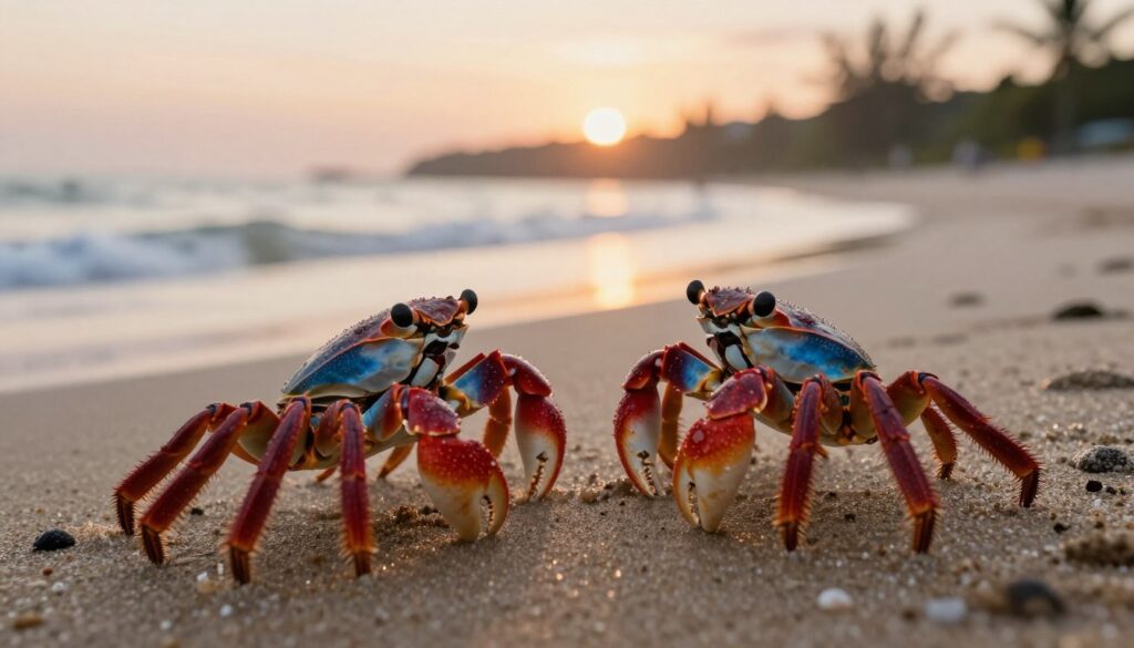 Two lively crabs meeting for the first time on a sandy beach, their vibrant shells reflecting hues of red and blue under a warm sunset. In the foreground, capture the moment of curiosity as one crab cautiously approaches the other, their claws raised gently in a non-threatening manner. In the middle ground, a gentle wave lapping at the shore adds a touch of motion, enhancing the sense of connection between the two creatures. The background features soft, blurred silhouettes of coastal vegetation and a glowing horizon, creating a tranquil atmosphere. The lighting should be soft and golden, evoking warmth and intimacy, while using a slight depth of field to focus on the crabs, suggesting the enchanting start of a new relationship.